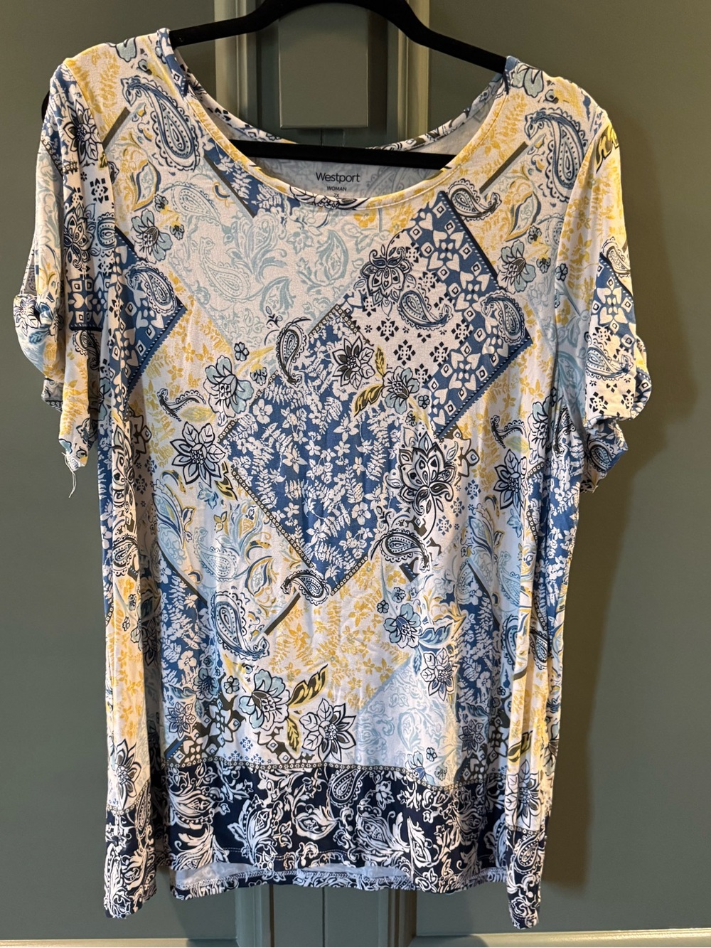 Westport Yellow, Blue & White Paisley Patchwork Short Sleeve Top